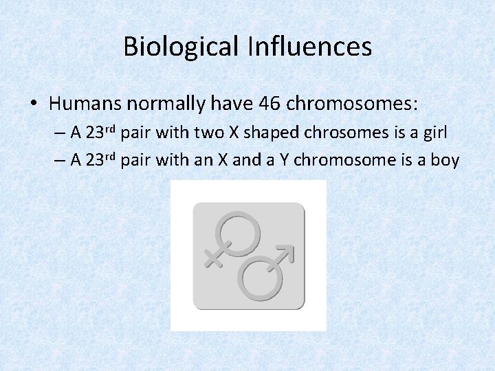 Biological Influences • Humans normally have 46 chromosomes: – A 23 rd pair with