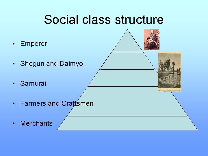 Social class structure • Emperor • Shogun and Daimyo • Samurai • Farmers and
