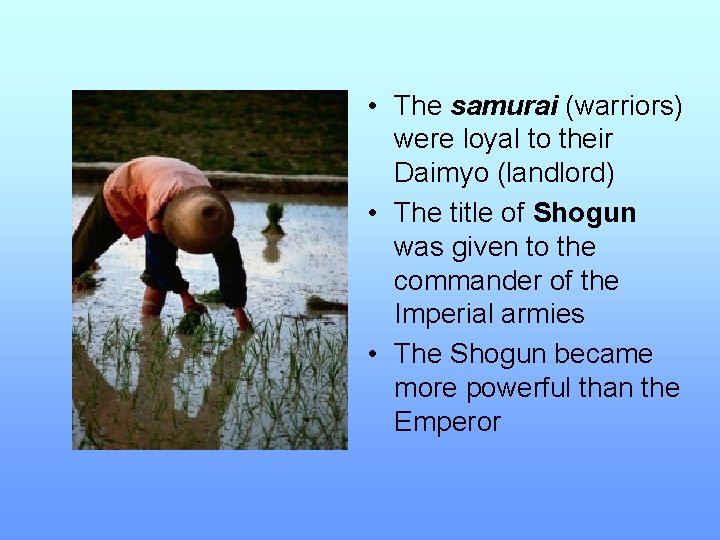  • The samurai (warriors) were loyal to their Daimyo (landlord) • The title