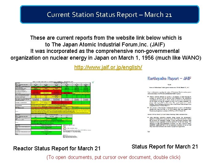 Current Station Status Report – March 21 These are current reports from the website