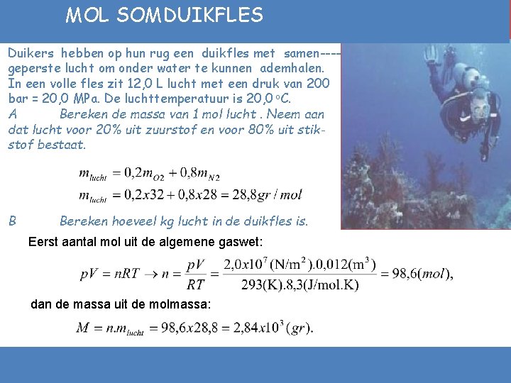 MOL SOMDUIKFLES Duikers hebben op hun rug een duikfles met samen geperste lucht om