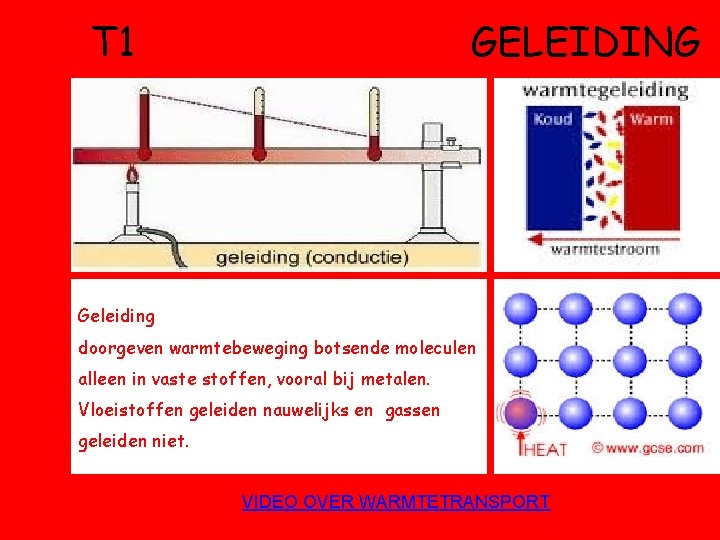 T 1 GELEIDING Geleiding doorgeven warmtebeweging botsende moleculen alleen in vaste stoffen, vooral bij