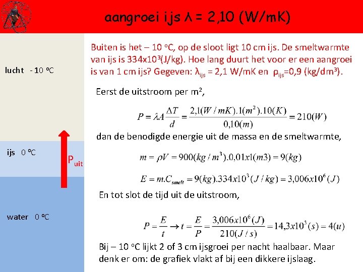 aangroei ijs λ = 2, 10 (W/m. K) Buiten is het – 10 o.