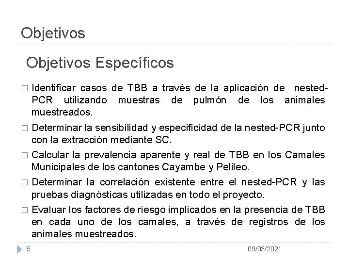 Objetivos Específicos Identificar casos de TBB a través de la aplicación de nested. PCR