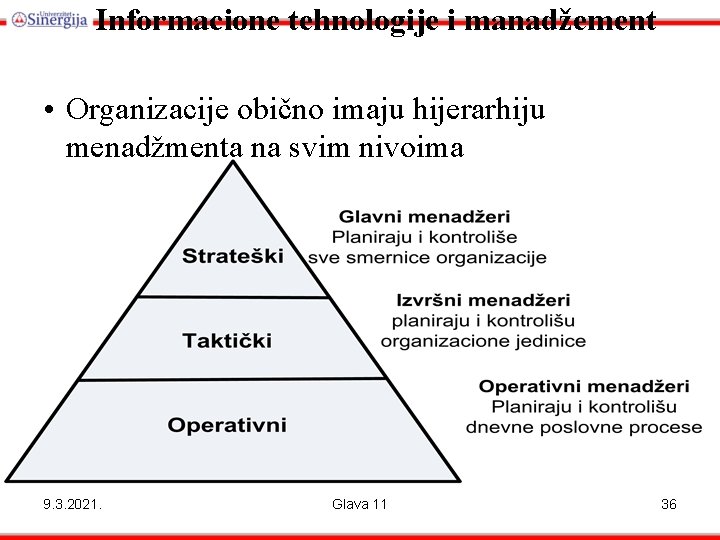 Informacione tehnologije i manadžement • Organizacije obično imaju hijerarhiju menadžmenta na svim nivoima 9.