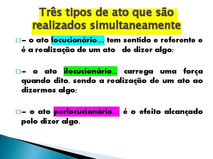 Três tipos de ato que são realizados simultaneamente �– o ato locucionário. . tem