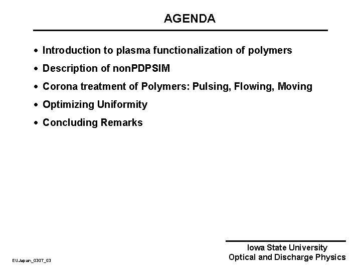 AGENDA · Introduction to plasma functionalization of polymers · Description of non. PDPSIM ·