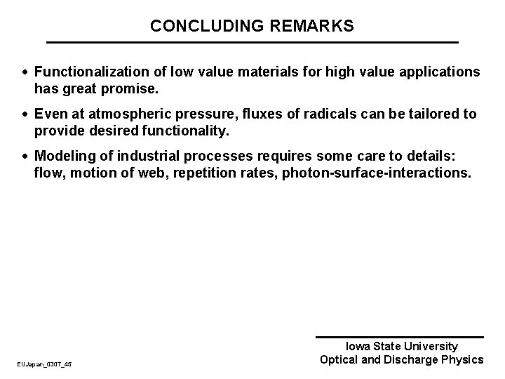 CONCLUDING REMARKS · Functionalization of low value materials for high value applications has great