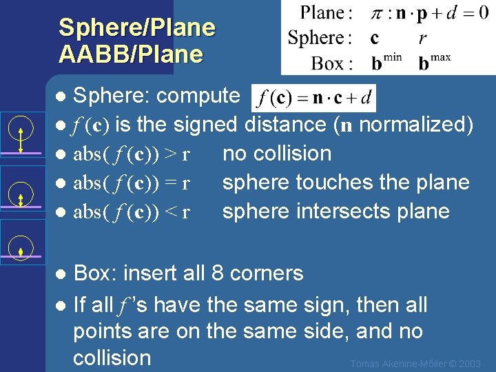 Sphere/Plane AABB/Plane Sphere: compute l f (c) is the signed distance (n normalized) l Sphere/Plane AABB/Plane Sphere: compute l f (c) is the signed distance (n normalized) l