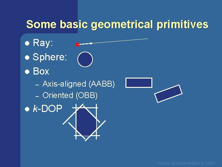 Some basic geometrical primitives Ray: l Sphere: l Box l – – l Axis-aligned