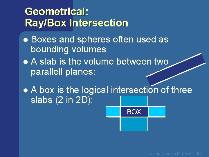 Geometrical: Ray/Box Intersection Boxes and spheres often used as bounding volumes l A slab