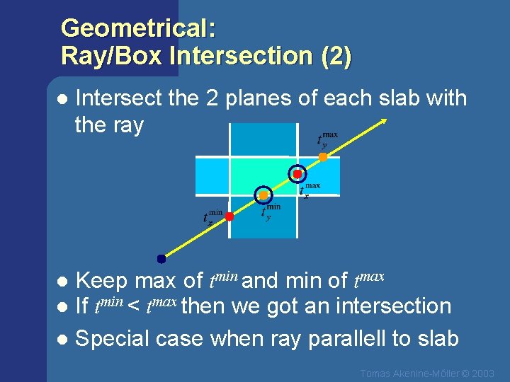 Geometrical: Ray/Box Intersection (2) l Intersect the 2 planes of each slab with the