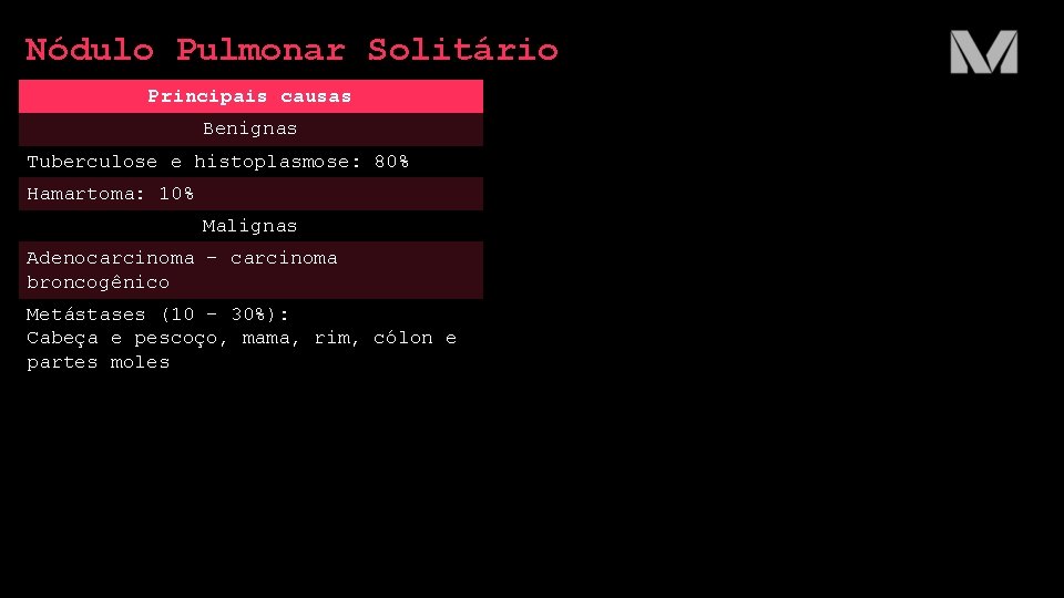 Nódulo Pulmonar Solitário Principais causas Benignas Tuberculose e histoplasmose: 80% Hamartoma: 10% Malignas Adenocarcinoma