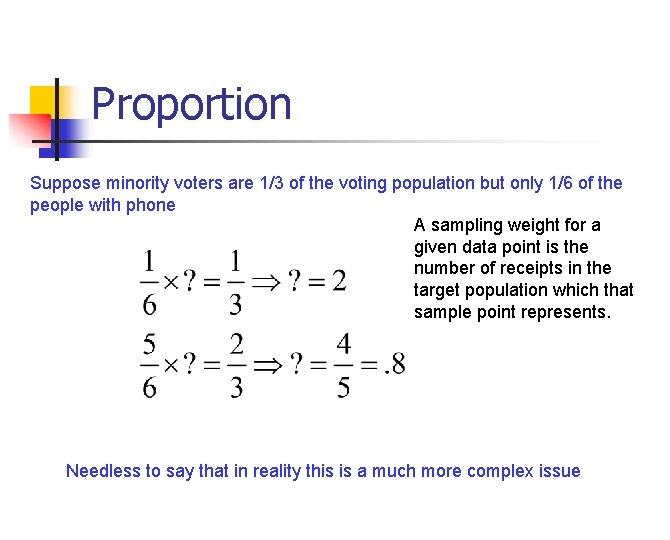 Proportion Suppose minority voters are 1/3 of the voting population but only 1/6 of