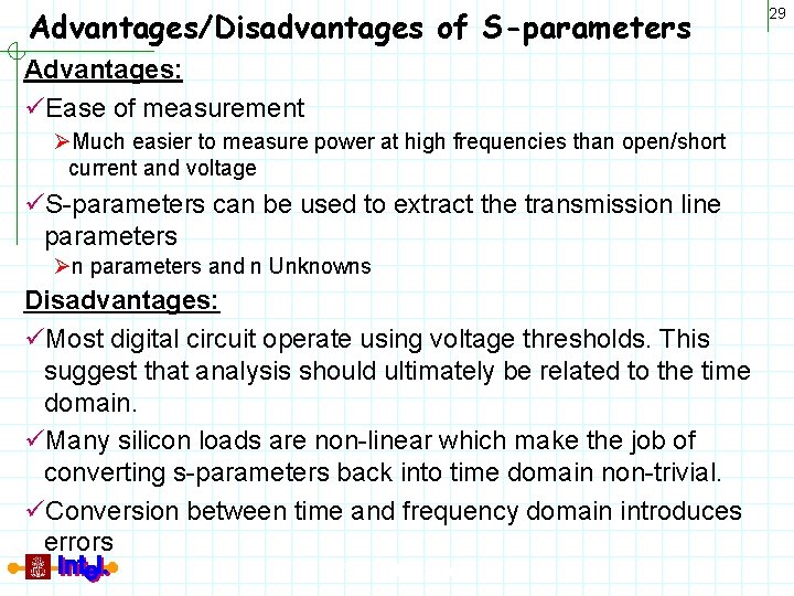 Advantages/Disadvantages of S-parameters Advantages: üEase of measurement ØMuch easier to measure power at high