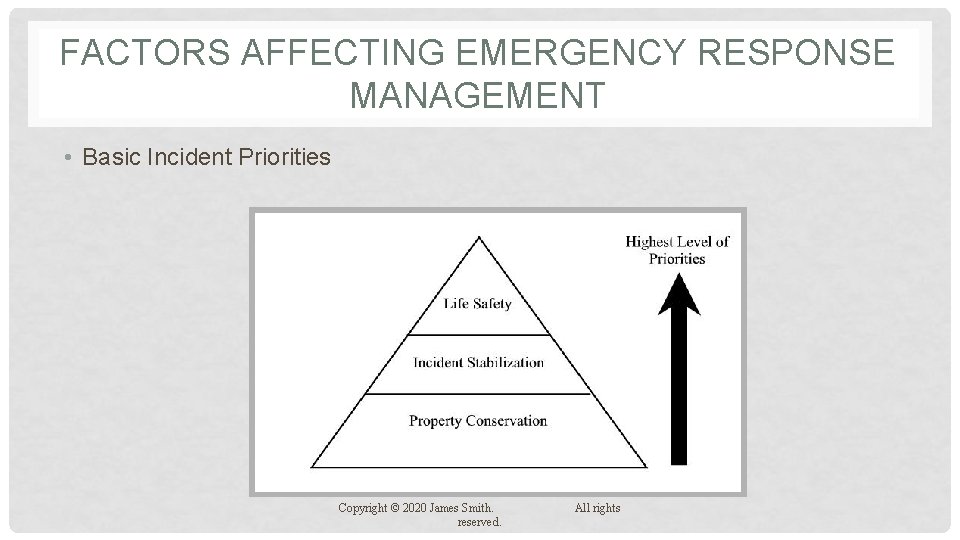 FACTORS AFFECTING EMERGENCY RESPONSE MANAGEMENT • Basic Incident Priorities Copyright © 2020 James Smith.