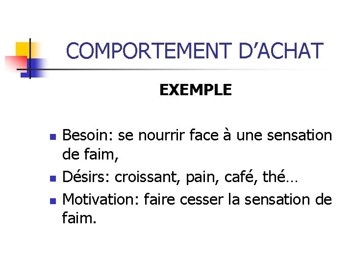 COMPORTEMENT D’ACHAT EXEMPLE n n n Besoin: se nourrir face à une sensation de