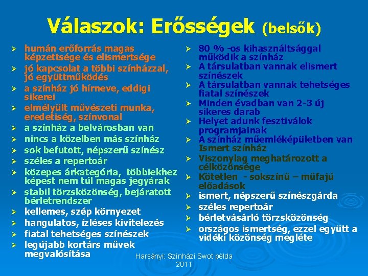 Válaszok: Erősségek (belsők) Ø Ø Ø Ø humán erőforrás magas Ø 80 % -os