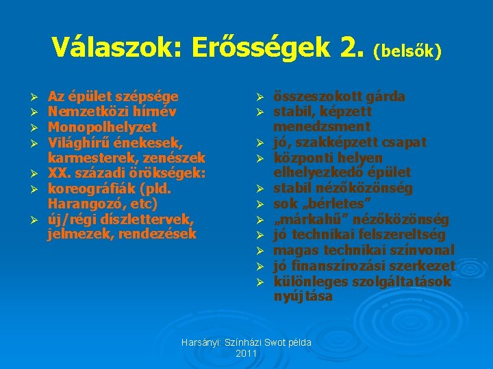 Válaszok: Erősségek 2. (belsők) Az épület szépsége Nemzetközi hírnév Monopolhelyzet Világhírű énekesek, karmesterek, zenészek