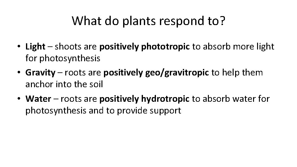 What do plants respond to? • Light – shoots are positively phototropic to absorb