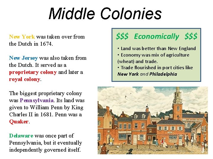 Middle Colonies New York was taken over from the Dutch in 1674. New Jersey