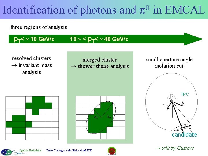 Identification of photons and 0 in EMCAL three regions of analysis p. T< ~