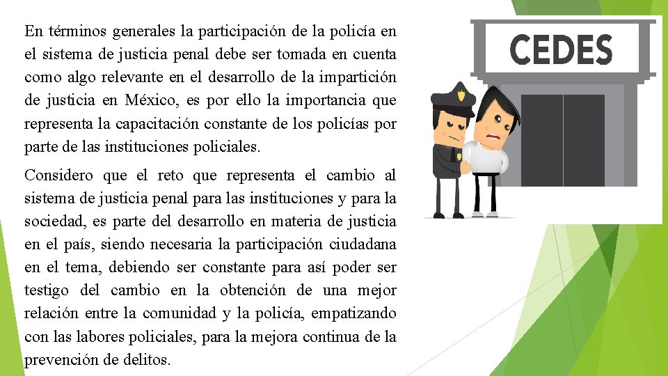 En términos generales la participación de la policía en el sistema de justicia penal