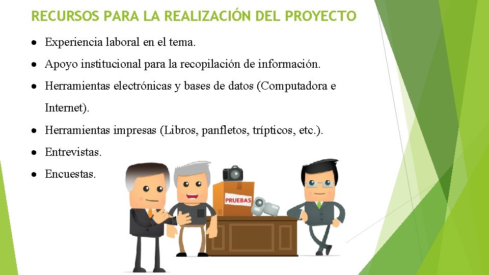 RECURSOS PARA LA REALIZACIÓN DEL PROYECTO Experiencia laboral en el tema. Apoyo institucional para