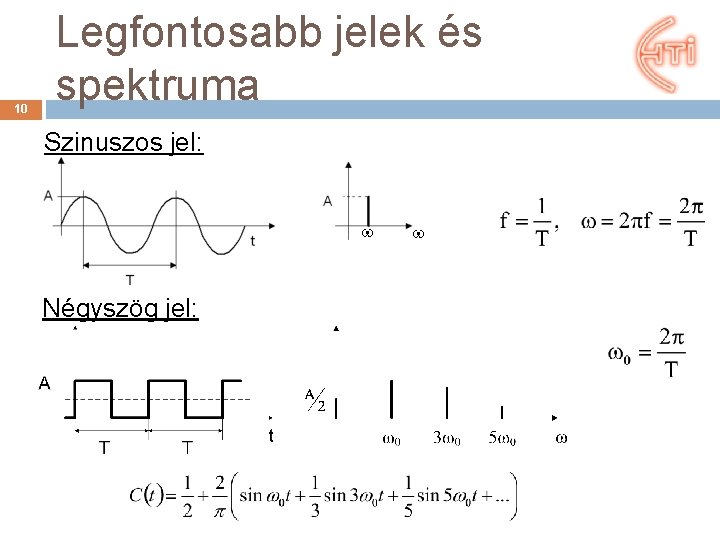 10 Legfontosabb jelek és spektruma Szinuszos jel: Négyszög jel: 