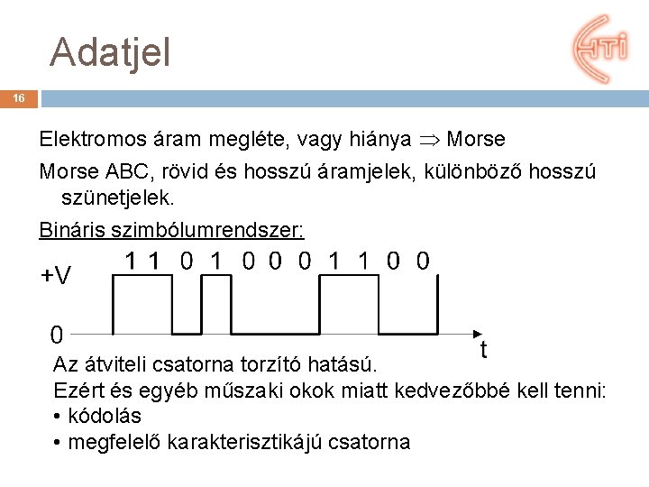 Adatjel 16 Elektromos áram megléte, vagy hiánya Morse ABC, rövid és hosszú áramjelek, különböző