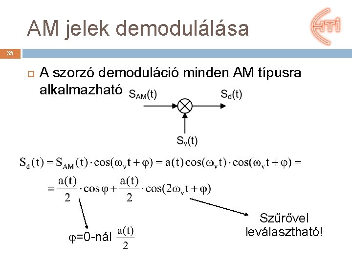 AM jelek demodulálása 35 A szorzó demoduláció minden AM típusra alkalmazható =0 -nál Szűrővel