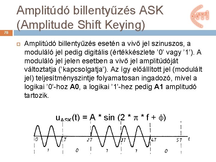 78 Amplitúdó billentyűzés ASK (Amplitude Shift Keying) Amplitúdó billentyűzés esetén a vivő jel szinuszos,