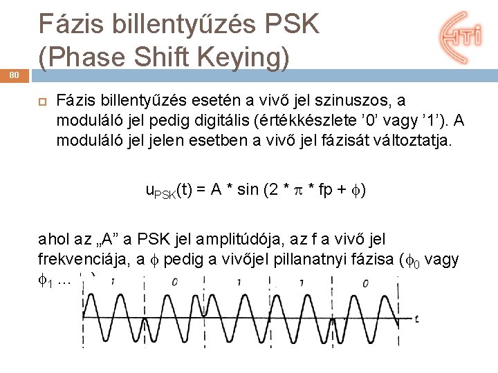 80 Fázis billentyűzés PSK (Phase Shift Keying) Fázis billentyűzés esetén a vivő jel szinuszos,