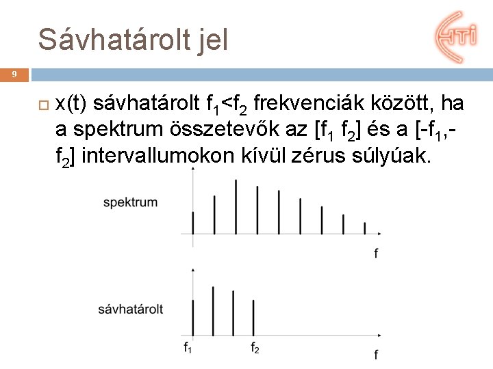 Sávhatárolt jel 9 x(t) sávhatárolt f 1<f 2 frekvenciák között, ha a spektrum összetevők