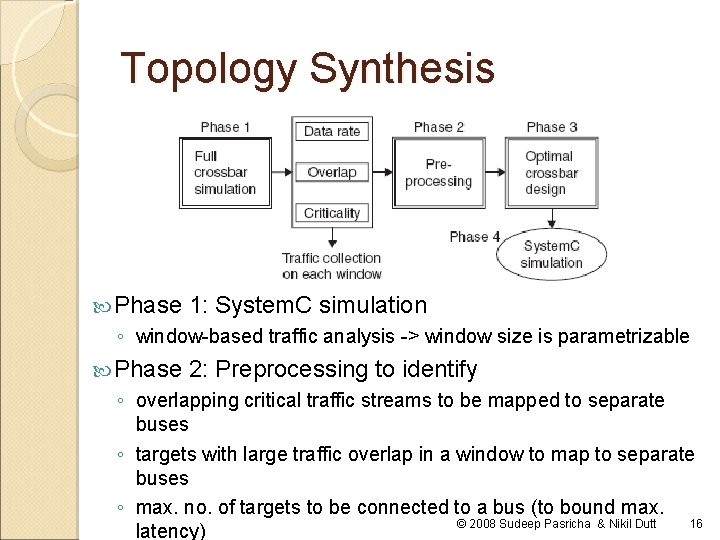 Topology Synthesis Phase 1: System. C simulation ◦ window-based traffic analysis -> window size