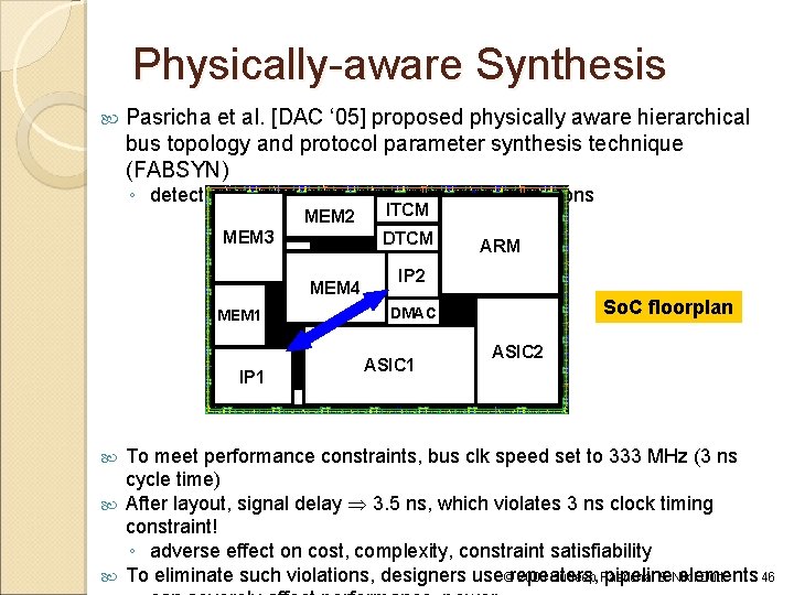 Physically-aware Synthesis Pasricha et al. [DAC ‘ 05] proposed physically aware hierarchical bus topology