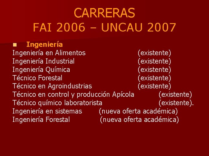 CARRERAS FAI 2006 – UNCAU 2007 Ingeniería en Alimentos (existente) Ingeniería Industrial (existente) Ingeniería CARRERAS FAI 2006 – UNCAU 2007 Ingeniería en Alimentos (existente) Ingeniería Industrial (existente) Ingeniería