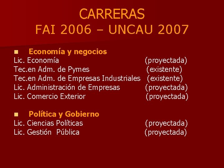 CARRERAS FAI 2006 – UNCAU 2007 Economía y negocios Lic. Economía Tec. en Adm.