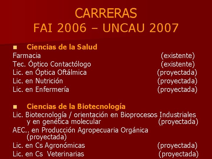 CARRERAS FAI 2006 – UNCAU 2007 Ciencias de la Salud Farmacia Tec. Óptico Contactólogo