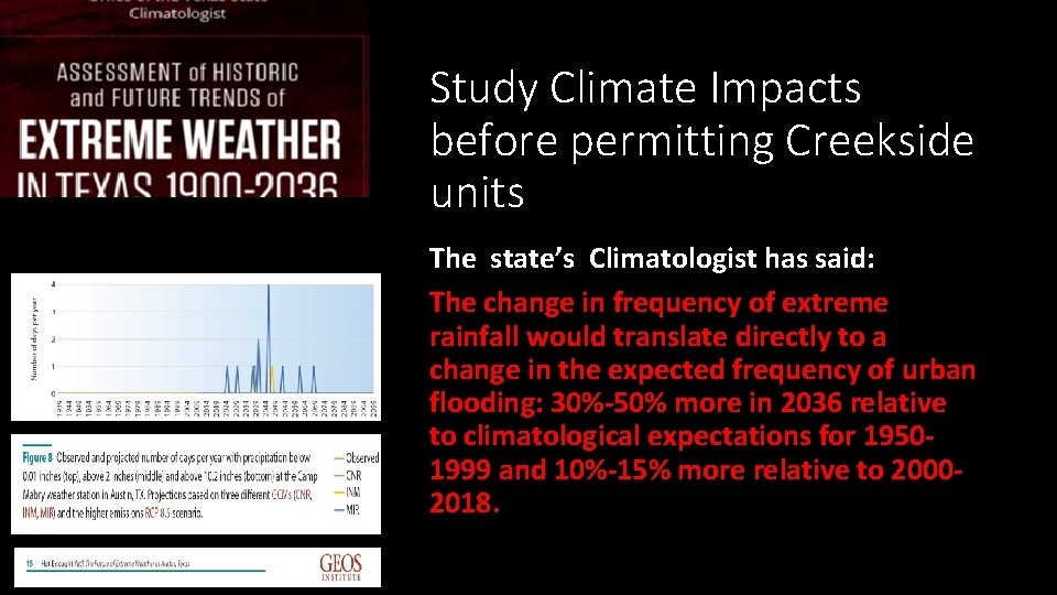 Study Climate Impacts before permitting Creekside units The state’s Climatologist has said: The change