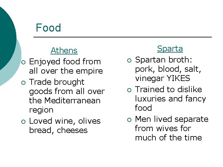 Food ¡ ¡ ¡ Athens Enjoyed food from all over the empire Trade brought
