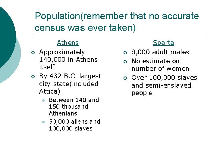 Population(remember that no accurate census was ever taken) ¡ ¡ Athens Approximately 140, 000