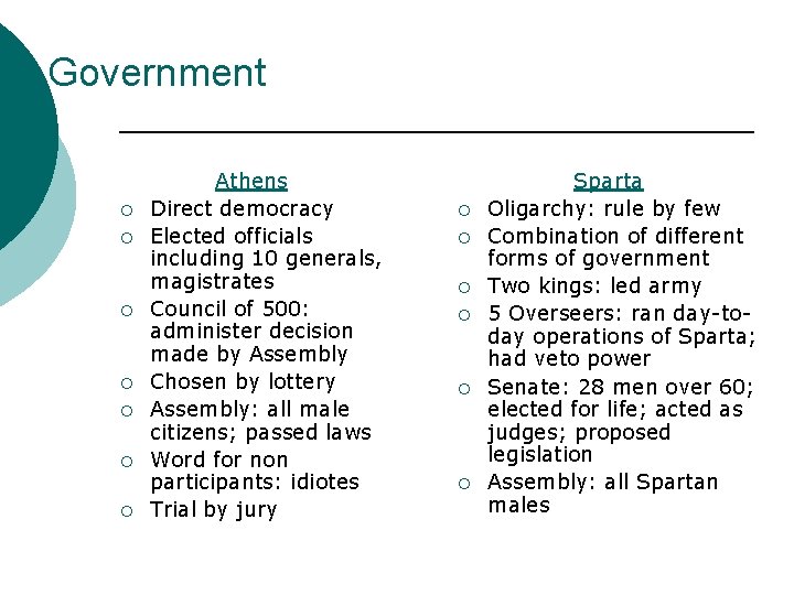 Government ¡ ¡ ¡ ¡ Athens Direct democracy Elected officials including 10 generals, magistrates