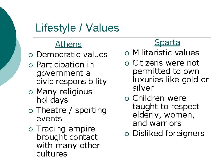 Lifestyle / Values ¡ ¡ ¡ Athens Democratic values Participation in government a civic