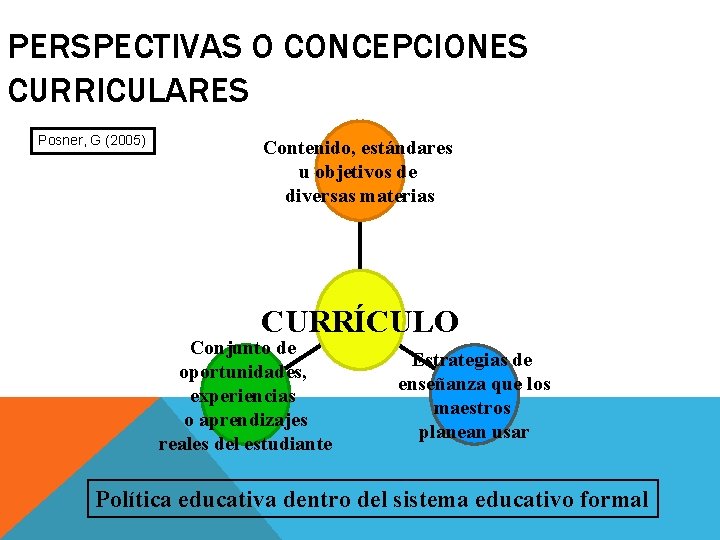 PERSPECTIVAS O CONCEPCIONES CURRICULARES Posner, G (2005) Contenido, estándares u objetivos de diversas materias