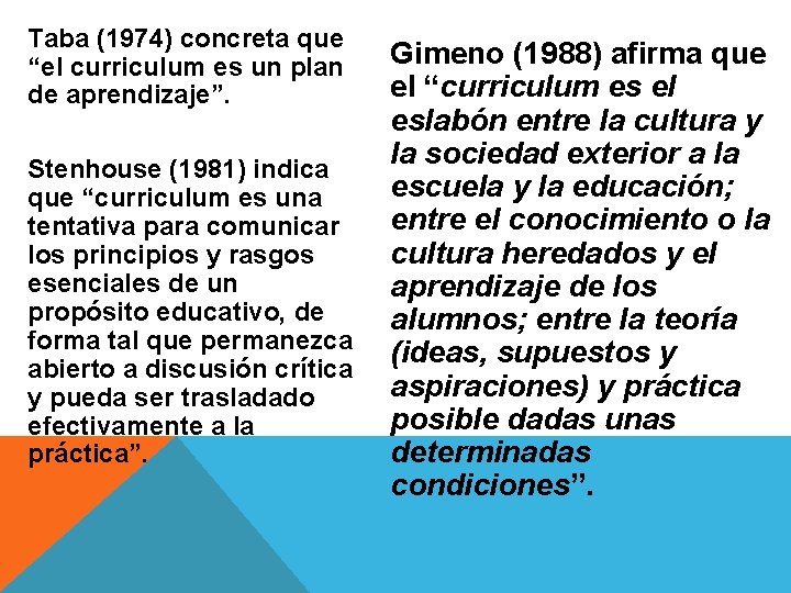 Taba (1974) concreta que “el curriculum es un plan de aprendizaje”. Stenhouse (1981) indica