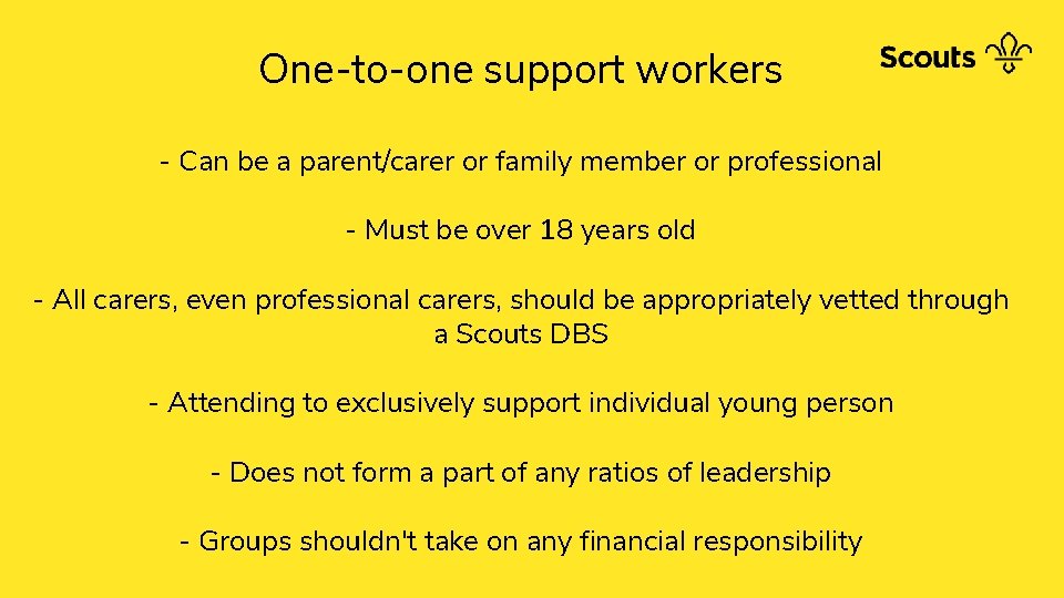 One-to-one support workers - Can be a parent/carer or family member or professional -
