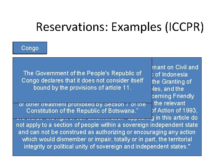 Reservations: Examples (ICCPR) Indonesia Congo Gambia Botswana “The Government of the Republic of Botswana