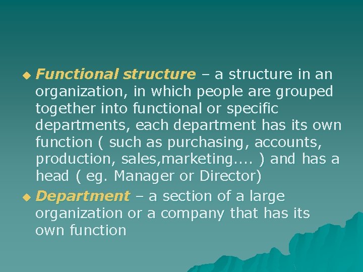 Functional structure – a structure in an organization, in which people are grouped together