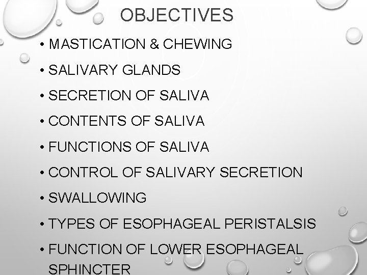 OBJECTIVES • MASTICATION & CHEWING • SALIVARY GLANDS • SECRETION OF SALIVA • CONTENTS